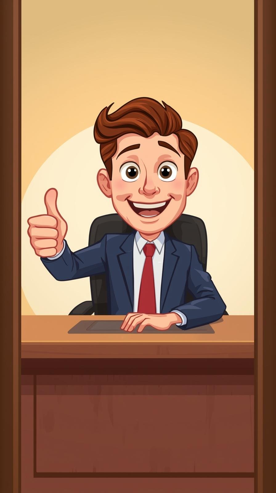 I want a smiling cartoon buiness man smile behind a word desk giving a athumbs up