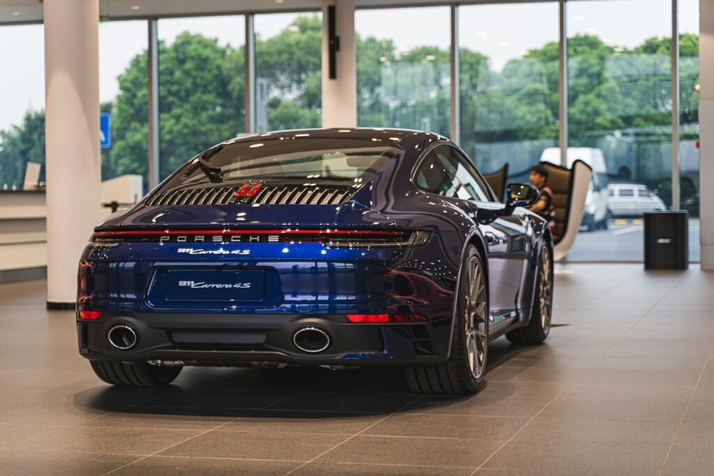 blue car at the Porsche experience Atlanta
